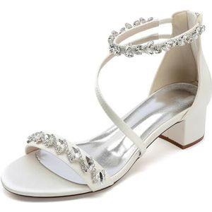 KYEGLO Dames Sandalen Met Open Teen En Strass Steentjes, Dikke Zool En Enkelbandje Met Strass Steentjes, Comfortabele Satijnen Bruidsschoenen Met Ritssluiting,ivoor,36