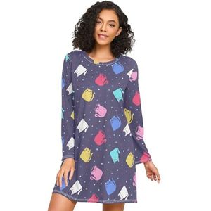 LI ZHI XIN Nachthemd voor dames, lange mouwen, nachthemd, nachthemden, slaapkleding, ronde hals, losse grote maten, nachtkleding Xxxl XXL, schattige kat cartoon patroon, Meerkleurig, S