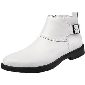Men's Leather Dress Chelsea Boots Pointed Toe Inner Zipper Adjustable Business Formal Chukka Boots Non-Slip Casual Booties (Color : White+white Fur, Size : EU 45)