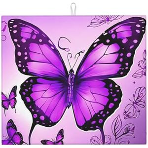 Paarse vlinder droogmat voor keuken, het midden is gemaakt van composiet sponzen, microvezel absorberend, opvouwbaar en hangbaar voor afdruiprek, babyflessen koffiepads 40 x 45 cm