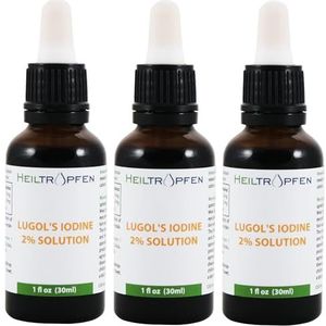 3x Lugol's jodiumoplossing, 2%, 3x30ml, farmaceutische kwaliteit, 6% vloeibare formulering. 2 procent elementair jodium en 4% kaliumjodide. Lugols oplossing. Heiltropfen®