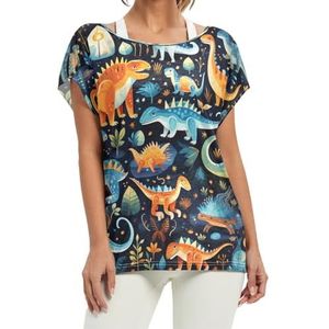 Kinderen Cartoon Blauwe Dinosaurus Vrouwen Korte Batwing Mouw Shirt Ronde Hals T-shirts Losse Tops voor Meisjes, Patroon, XL