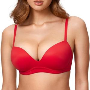 DOBREVA Vrouwen Push Up BH Plunge Draadloze Comfortabele T Shirt Gevoerde Bh's Diep rood 70A