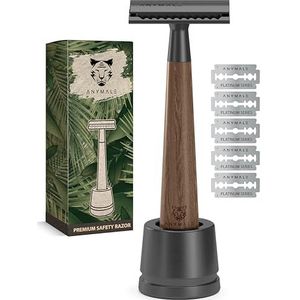 ANYMALE® Scheermes van walnoothout, set met standaard en 5 ASTRA messen, Zero Waste scheerapparaat voor dames en heren