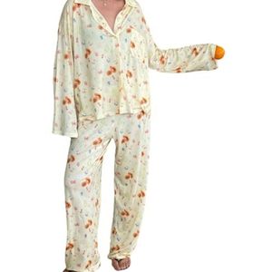 Dames 2-delige bloemenpyjamaset, button-down shirts en broeken met lange mouwen, damesfruitprintpyjama loungeset (yellow)