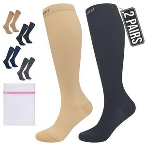 360 Relief 2 Paar Compressiesokken Dammes en Herren - Effen Kleuren Compressiekousen voor Sport, Hardlopen, Vliegen, Reizen, Joggen, Fietsen, Werk - S/M Beige&Zwart Kniehoge sokken met Mesh Waszakje