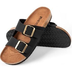 HEYO Sandalen voor dames en heren, comfortabele pantoffels, uniseks, kurk, badslippers met verstelbare riempjes, zwart, 45 EU