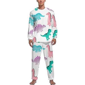 Aquarel dinosaurussen patroon zachte heren pyjama set comfortabele lange mouwen loungewear top en broek geschenken L