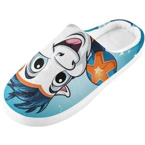 KAAVIYO Leuke Cartoon Eenhoorn Cartoon Blauwe Raket Outdoor Slippers Katoen Huis Schoenen Winter Antislip Fuzzy Voeten Slippers voor Indoor Mannen Vrouwen Meisje, Patroon, XXX-Large