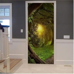Deurstickers 3D Fantasy Forest Deurstickers Green Woods Stream Mushroom Decal Magische Wereld Muurschildering Behang Poster Woonkamer Slaapkamer(Kleur:N,Grootte:95x215cm)
