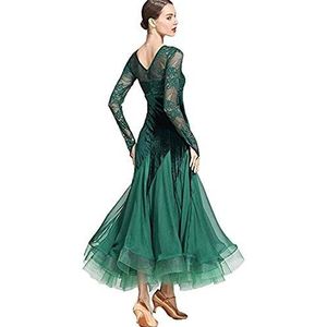 Dansen Wals Tango Party Dancewear Rok Jurk for Vrouwen Kant Lange Mouw Ballroom Dans Jurken Jurk Tango Jurk(Green,XL)