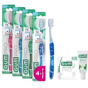 GUM PRO zachte handtandenborstel | taps toelopende borstelharen | antislip ergonomisch handvat | compacte kop | 4 x 1 stuks (met 1 Bonus Sample)