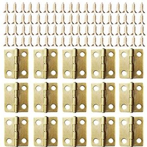 Mini-scharnieren, klein, 50 stuks, voor kastje, lade, deur, kist, connectoren, 200 schroeven van 8 mm, messing scharnier, vervangende schroeven, metalen scharnier voor houten juwelenkist (goud)