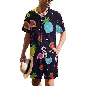 Kleurrijke Flamingo En Watermeloen Heren Hawaiiaanse Pak Set 2-delige Beach Outfit Korte Mouw Shirt En Shorts Bijpassende Set