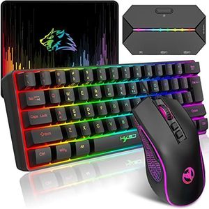 Gaming Toetsenbord en Muis Set met Adapter, Bedraad 60% Ultracompacte RGB Verlicht 61 Toetsen Draagbaar Toetsenbord 3600DPI Ergonomische Optische Muis voor Windows Mac PC PS4 XBox Switch, Zwart