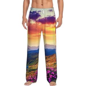 Sunset Mountain Flower Heren Lange Lounge Wear Broek Nachtkleding Pyjama Bottoms Nachtkleding Nachtkleding Met Zakken En Trekkoord, Wit, S