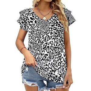 Sneeuw luipaardpatroon dames casual tuniek tops ruches korte mouwen T-shirts V-hals blouse T-shirt