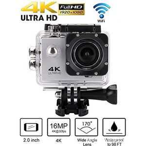 4k ultra Hd Mini Action Camera, 2.0 ""Screen WiFi Sports DV Camera, onderwater waterdichte camera, helmcamera's for motorfietsen(Color:Silver Grey)