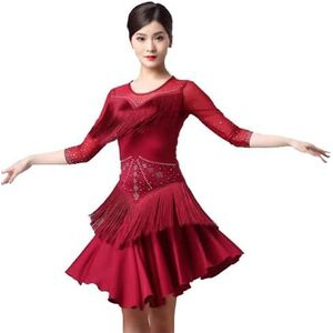 Rood,3XL,Hynyjxjy Middellange Mouwen Latijns Danskleding Voor Dames Cha Cha Trainings Dansoutfit Met Kwastjes Ronde Hals Ballroom Dansjurken Tango Danskleding Met Strass