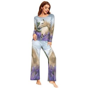 YOUJUNER Pyjama Sets voor dames, witte paard print lange mouwen nachtkleding Loungewear Set Pjs nachtkleding Set, Meerkleurig, XL