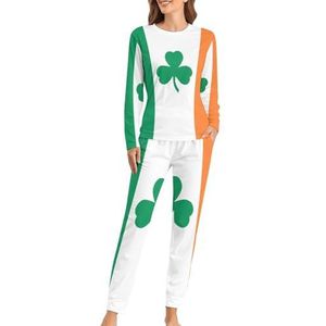 Shamrock Clover Ierland vlag zachte dames pyjama lange mouw warme pasvorm pyjama loungewear sets met zakken XS