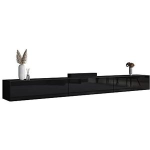 Planetmöbel TV Board 300 cm zwart, tv-kast met 3 kleppen als opbergruimte, lowboard hangend of staand, dressoir woonkamer