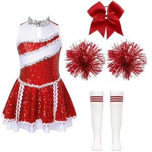 GSJNHY Cheerleading Uniformen Kinderen School Meisjes Cheleader Uniformen Kinderen Cheerleading Dans Outfits Kostuum Crop Top Rock Sokken Kleding Sets Dancewear (Kleur: B Rood, Maat: 16)