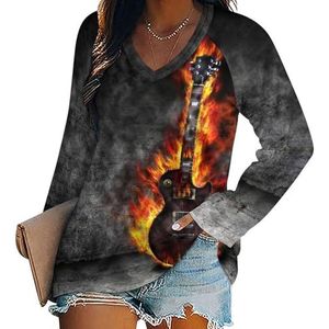 The Burning Guitar Casual T-shirts met lange mouwen voor dames, V-hals, bedrukte grafische blouses T-shirt, tops, 5XL