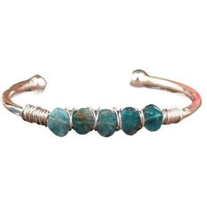 Natuurlijke blauwe kyaniet steen plaat ovale kralen goud koper open manchet Bangle armband verstelbare sieraden for vrouwen (Color : Silvery)