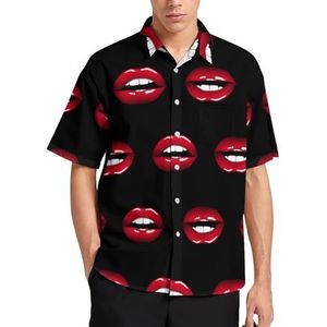 Red Lips Zomer Heren Shirts Casual Korte Mouw Button Down Blouse Strand Top met Zak 2XL