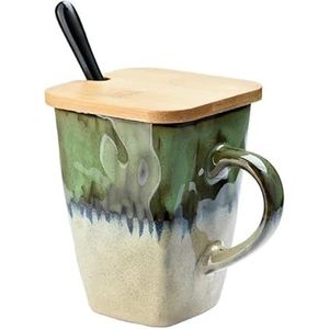 Mokken retro persoonlijkheid vierkante beker keramische mok met grote capaciteit met lepel koffiekop thuis creatief kopje koffiemokken (maat: 410 ml, kleur: B groen)