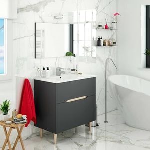 Dmora - Wastafelonderkast Yarmouth, badkamerkast, badkamerkast met spiegel, wastafel niet inbegrepen, 80 x 45 h 80 cm, antraciet en eiken