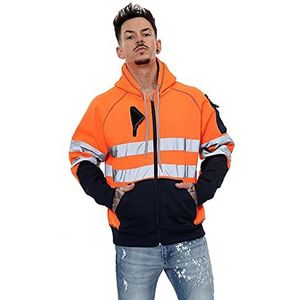 janisramone Heren Jongens Nieuwe Hi Vis Reflecterende Zichtbaarheid Hoody Contrast Patch Fleece Sweatshirt Werk Hoodie Jas, 3 Zip Pocket Neon Oranje/Navy - Zip Hoodie, S