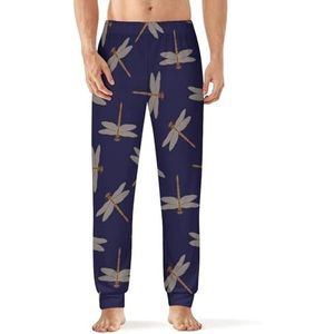 Beige Dragonfly op een donkere mannen slaap pyjama lounge broek rechte pasvorm slaap bodems zachte lange pyjama broek nachtkleding
