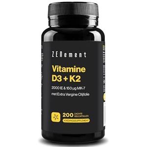 Vitamine D3 + K2, 200 softgels (2.000 IE + 150 μg) per ÉÉN tablet met Extra Vierge Olijfolie | Vitamine D3- en vitamine K2-capsules met hoge sterkt | Zenement