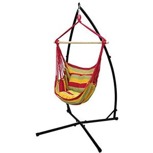 ECD Germany Hangstoel met frame 210 cm - Hangstoel hangend schommelkatoen met 2 kussens rood/geel/oranje tot 120kg - Vrijstaand hangend stoelframe hangstoelstandaard van metaal