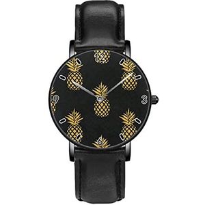 Gouden Ananas Patroon Persoonlijkheid Business Casual Horloges Mannen Vrouwen Quartz Analoge Horloges, Zwart