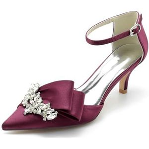 Dames Aangerichte Teen Kitten Hakken Satijnen Bruids Pumps Enkelsluiting Bruiloft Prom Party Jurk Schoenen,Burgundy,36 EU