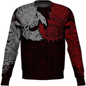 Scandinavische Mannen Tattoo Ronde Hals Sweatshirt, Viking Keltische Raaf 3D Print Lange Mouw Rits Rode Hoodie, Noordse Mode Harajuku Casual Sweatshirt(Round Neck,XXL)