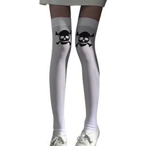 AJTUTUS Vrouwen Schedel Skelet Print Over Knie Sokken Elastische Nylon Mix Dij Hoge Kousen Voor Halloween Evenement En Herfst Outfit, Wit, One size