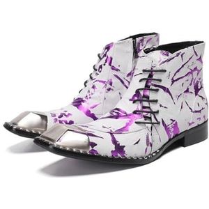 ZZveZZ Geel-paarse Metalen Herenlaarzen Met Vierkante Neus, Leren Herenlaarzen, Herenkapperschoenen (Color : Purple, Size : 46 EU)