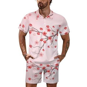 Cherry Blossom Poloshirt voor heren, set met korte mouwen, trainingspak, casual, strandshirts, shorts, outfit, L