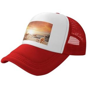 Verstelbare vaderhoed voor heren en dames voor buiten, platte snavel, snapback met hoge paardenstaart, strand met zeeschelpen, zonsondergangprint, Rood, Eén Maat