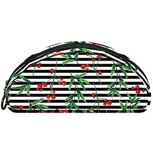Etui Halve cirkel Briefpapier Pen Bag Pouch Holder Case Kerst Rood Hulst Decor Zwart Wit Gestreept, Multi kleuren, 19.5x4x8.8cm/7.7x1.6x3.5in, Make-up zakje