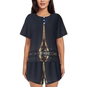 RIVETECH Tower In Paris At Night Print Dames Pyjama Sets Korte Sets Korte Sets, Pjs Pyjama, Lounge Shorts Set, Zwart, XL