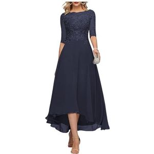 KURFACE Avondjurk, met kanten applicaties, thee lengte, met mouwen, moeder van de bruid jurk, lange, chiffon, formele avondjurk,voor bruiloften, Donkerblauw, 40