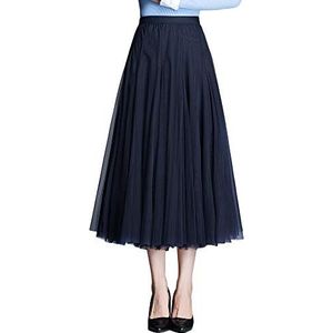 ANIMQUE Damesrok, lang, tule, midi-rok, hoge taille, geplooid, elastisch, prinses, elegant, party, bruiloft, rok, Marineblauw, 32 NL/42 NL