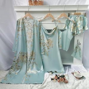 5 stuks bloemenprint gewaad cami-jurk met lange mouwen cami-top ruche zoom shorts eenvoudige pyjamasets for dames (Color : Turquoise, Size : S)