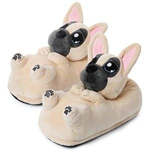 corimori Leuke pluche pantoffels (10+ designs) Frenchie ""Zorro"" pantoffels, eenheidsmaat, 34-44, uniseks, beige, zwart