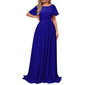 Damesjurken met korte mouwen, lange bruidsmeisjesjurk, chiffon, formele avondjurken met zakken, koningsblauw, 32